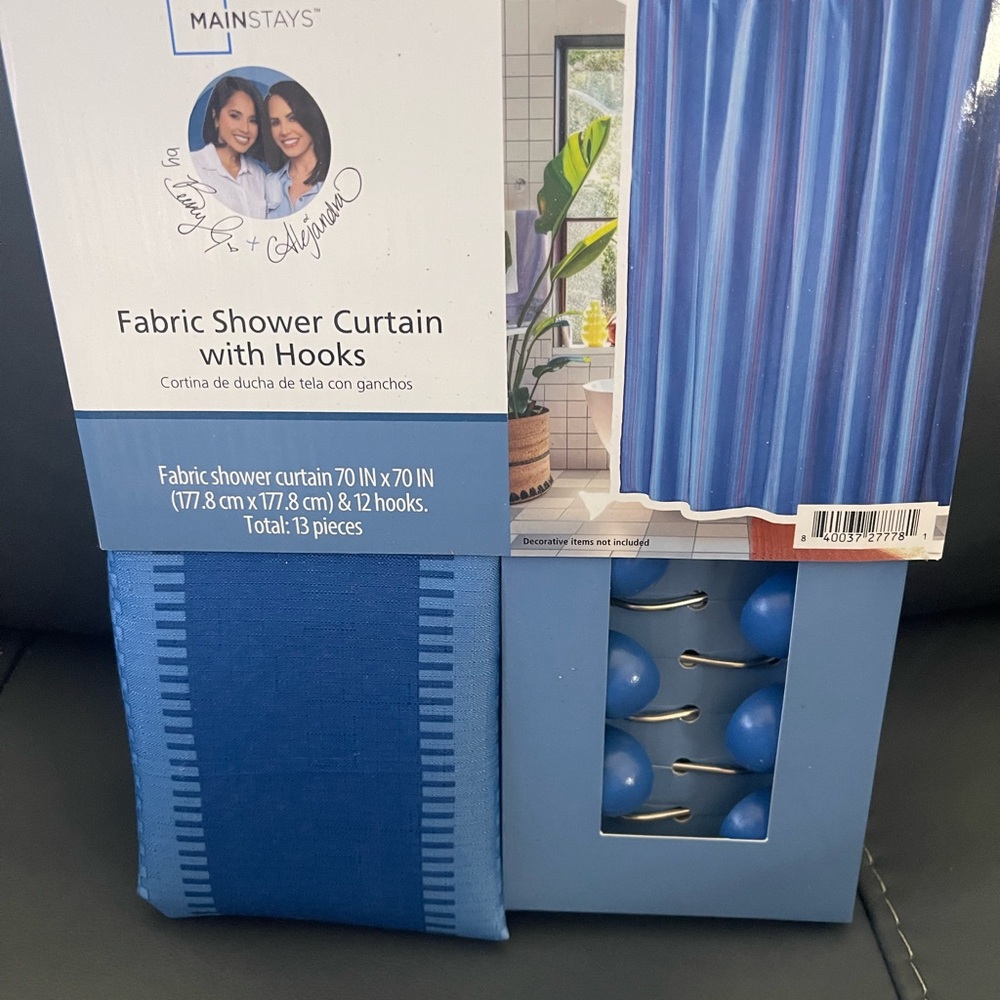 New Mainstays Blue Striped Fabric Shower Curtain with Matching Blue Hooks
